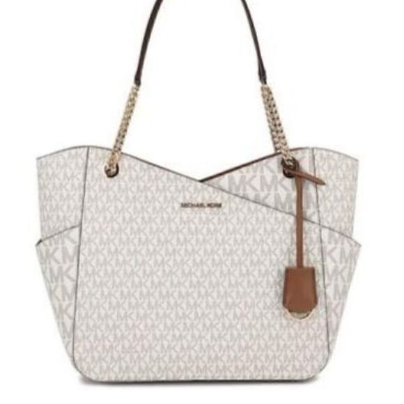 Michael Kors NWT Large Jet Set Travel Tote Handbag Signature Vanilla Gold Chain - Picture 3 of 12